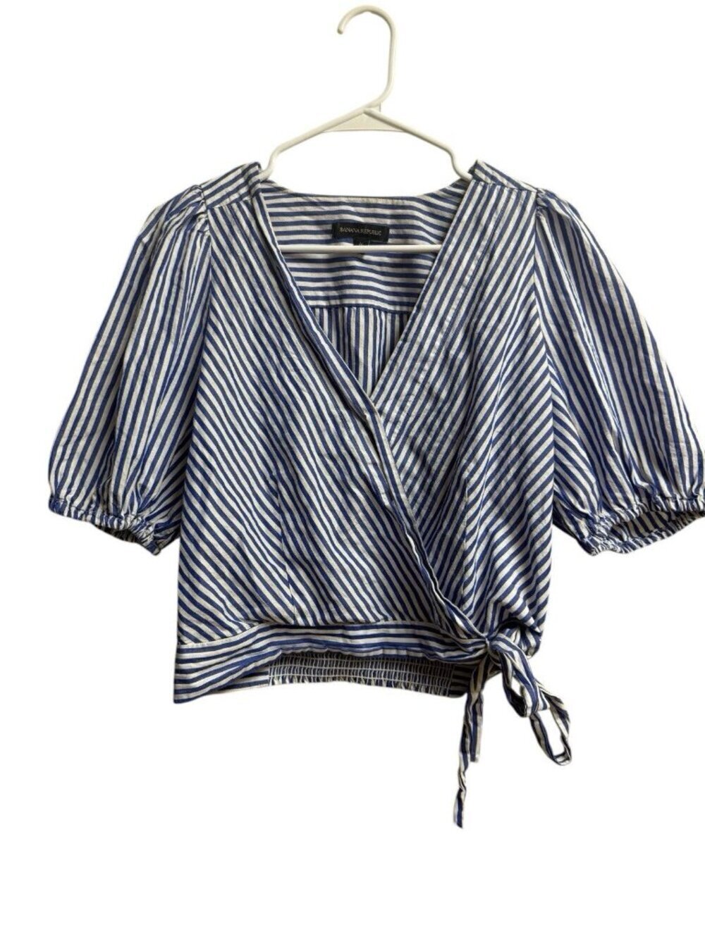Banana Republic Blue Stripe Wrap Crop Top Puff Sleeve M